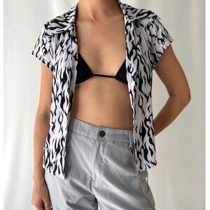 y2k vintage black white flames graphic casual skate grunge silky button up shirt